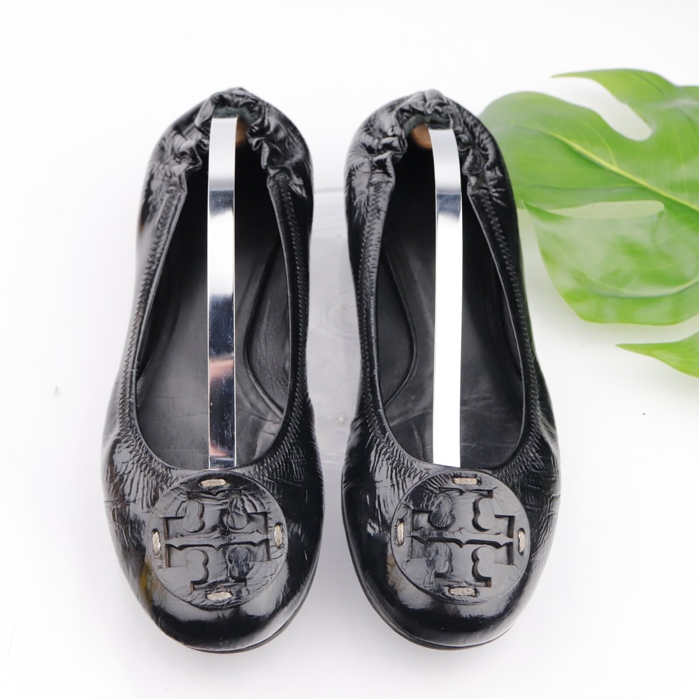 Tory Burch Womens Reva Ballet Flat Size 8.5 Black Patent Logo Comfort Dress Shoe